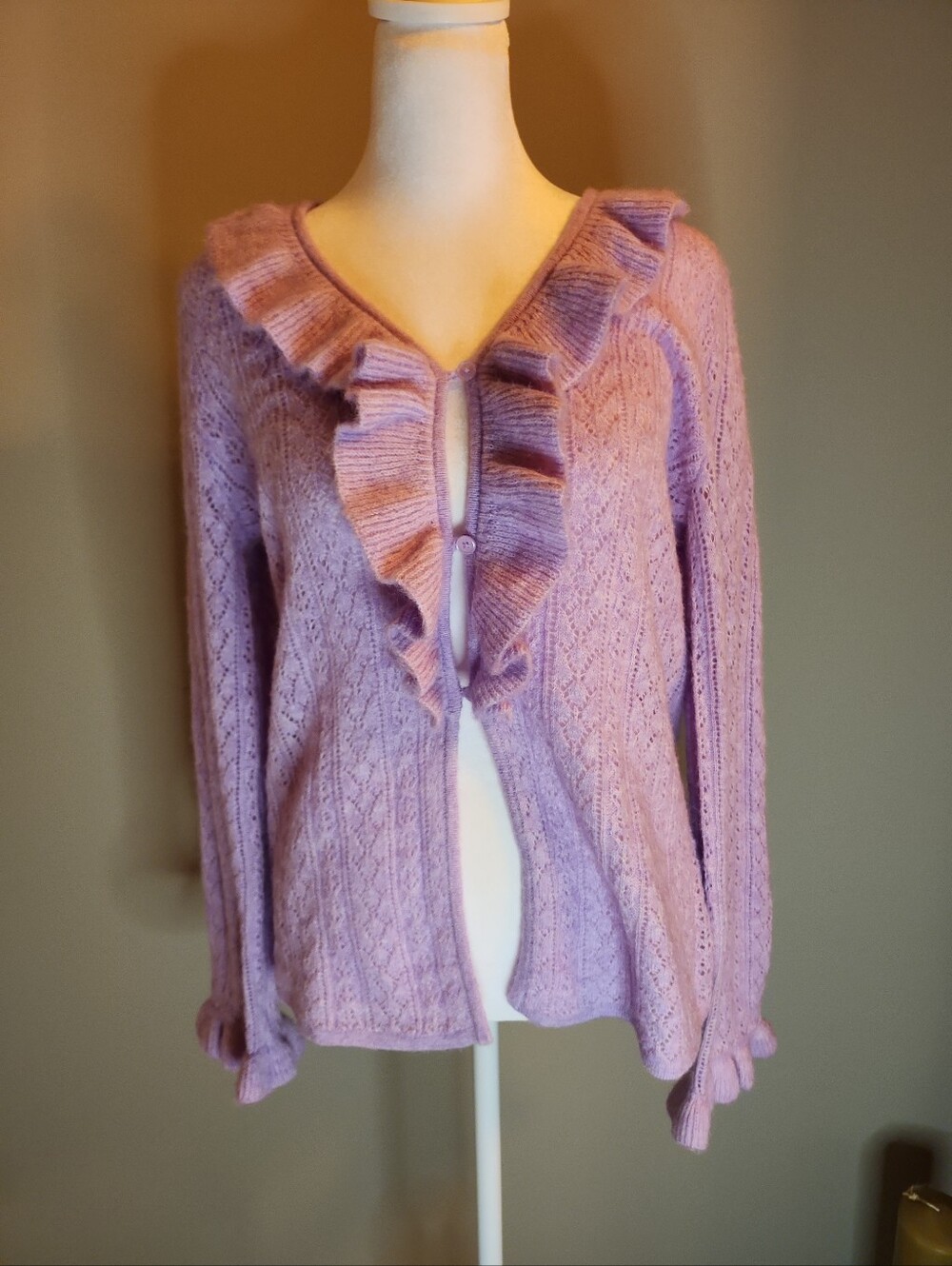 Old Navy Anna Sui Lavender Ruffle V-Neck Knit Sweater Cardigan